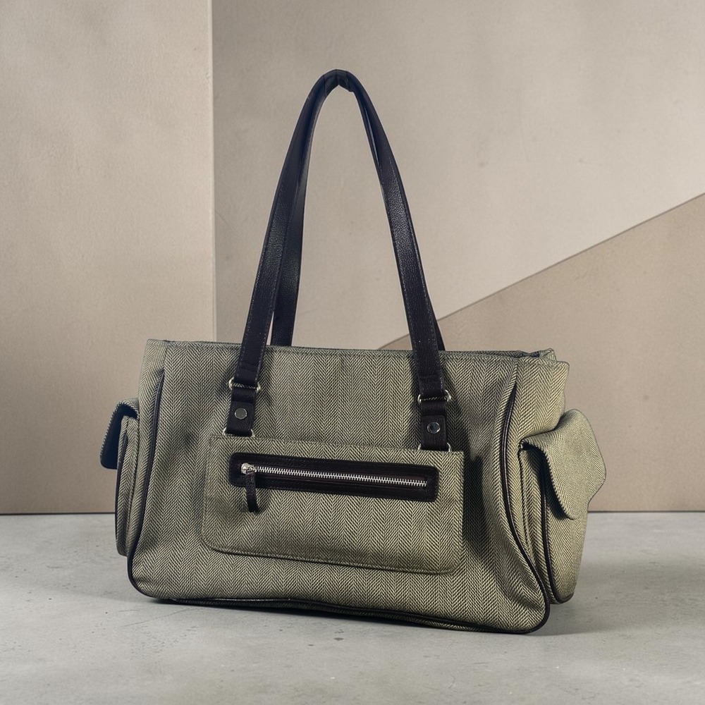 Bath & Body Works Herringbone Shoulder Bag Green Brown Trim Tote Pocket